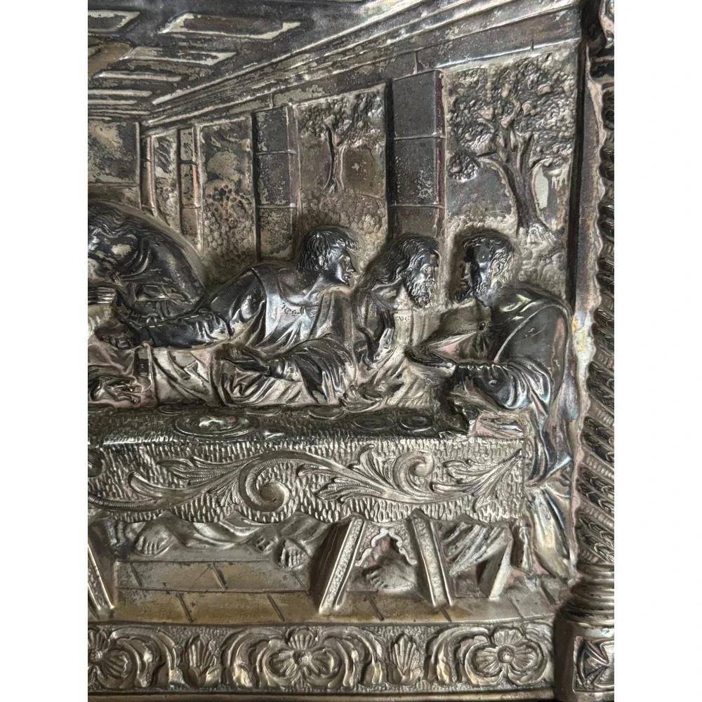 Vintage Last Supper 3D Relief Wall Art Silver Tone Framed Religious Plaque 20x12